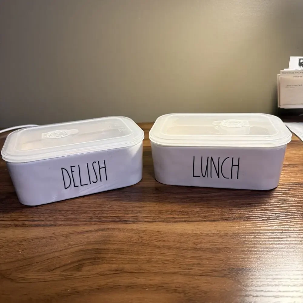 Rae Dunn 2 pieces Lunch & Delish Ceramic Containers Set with Vented Lid